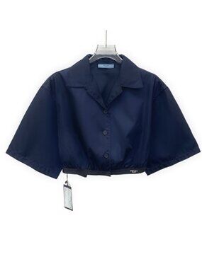 Prada 2022 Navy Blue Logo-Hem Short-Sleeve Shirt